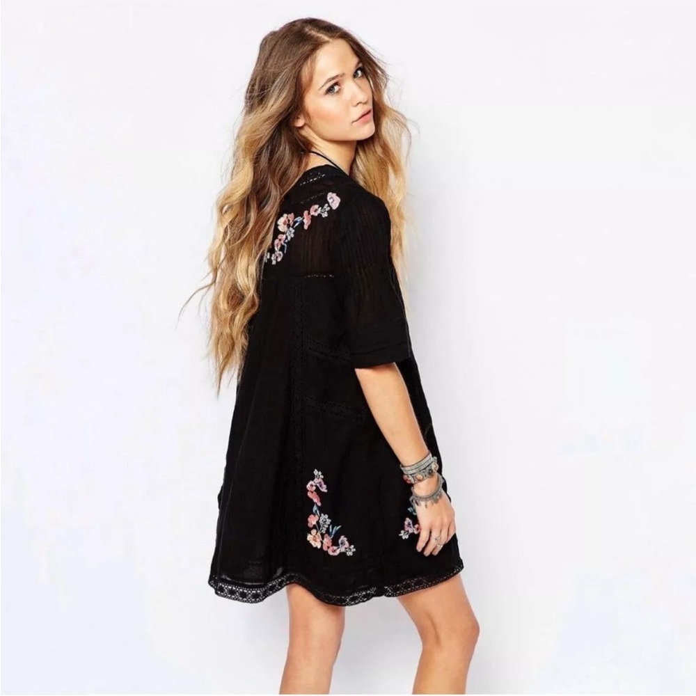 Free People Perfectly Victorian Black Embroidered Dress Short Sleeve - Picture 7 of 14